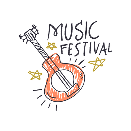 Music festival vector illustration, guitar art and lettering text. Hand drawn banner, poster, postcard or t-shirt print.のイラスト素材