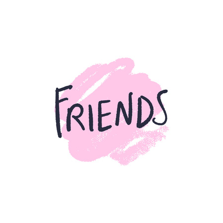 Hand lettered Friends text logo, type label, print. Unique stylish calligraphy design for posters, cards, mugs, clothes and other. Vector Illustration, clipart. Isolated on white background.のイラスト素材