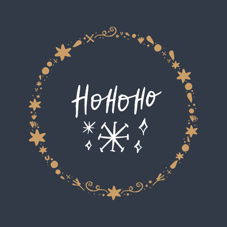 Christmas hand drawn lettering holiday image. Decorative snowflakes and golden frame, isolated elements. It can be used as a greeting card, print and poster.のイラスト素材