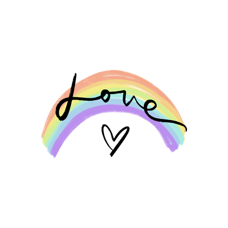 LGBT pastel rainbow and lettering text. Hand drawn colors of the rainbow. Freedom and love concept. Badge or sticker. Vector illustration.のイラスト素材