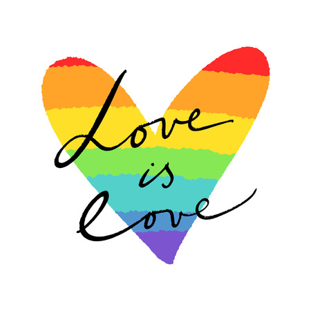LGBT heart flag and lettering text. Hand drawn colors of the rainbow. Freedom and love concept. Badge or sticker.のイラスト素材