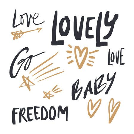 Text signs set, love theme, hand drawn decor elements collection. Vector scrapbook apparel, photo overlays, black and gold color.のイラスト素材