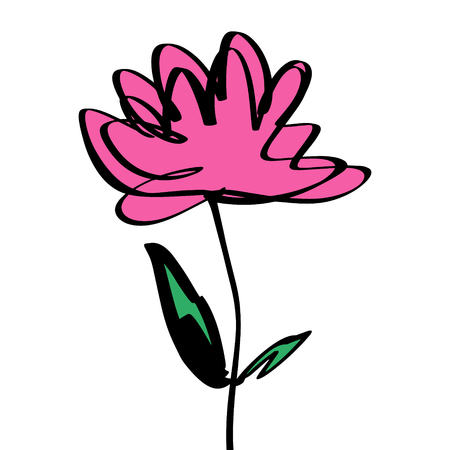 One line cartoon flower art, isolated decor element. Funny nursery style. Doodle illustrationのイラスト素材