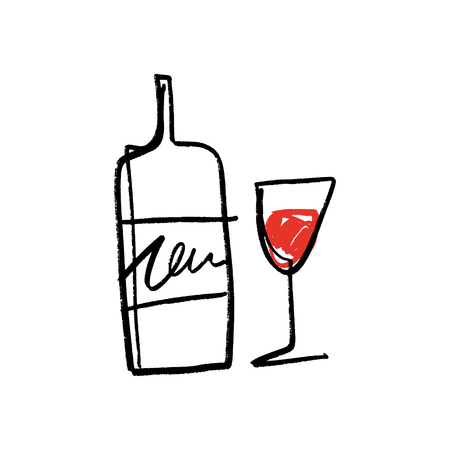 One line art glass and bottle of red wine set, hand drawn sketchのイラスト素材