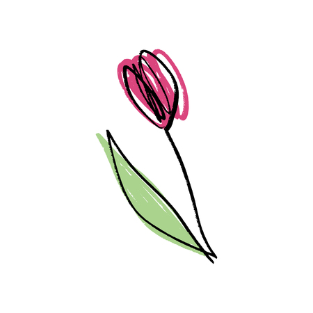 Minimalist contour tulip flower drawing. One line art with colorのイラスト素材