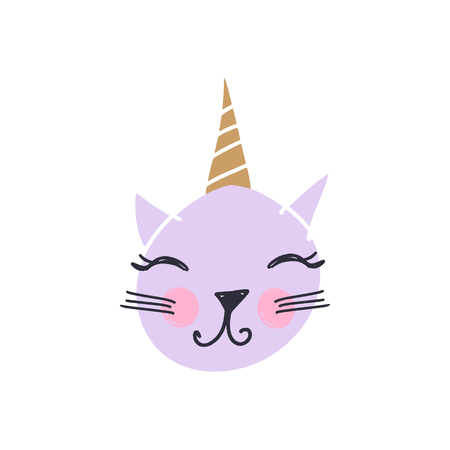 Cute cat unicorn face. Funny doodle animal. Little kitten in nursery cartoon style. Good for posters, cards, clothes and stationeryのイラスト素材