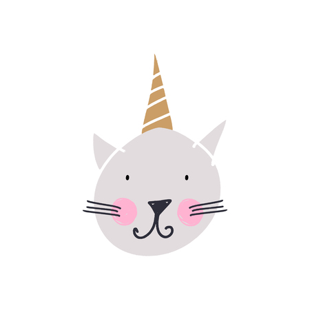 Cute cat unicorn face. Funny doodle animal. Little kitten in nursery cartoon style. Good for posters, cards, clothes and stationeryのイラスト素材
