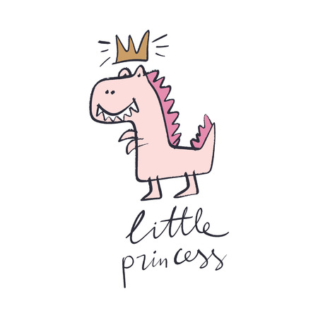 Little princess. Children's handwriting. Funny doodle cute girl dinosaur t-rex. Baby stylish art, nursery wallpaper. Good for posters, cards, clothes and stationeryのイラスト素材