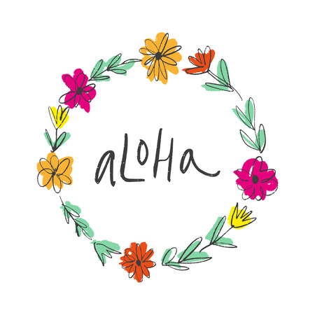 Doodle hand drawn brush paint tropical flowers frame template and aloha text. Hawaii or jungle themeのイラスト素材