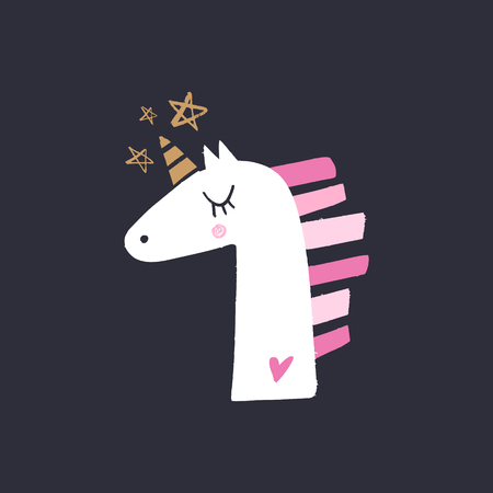 Lovely cartoon applique unicorn head, baby stylish illustration, unique print for posters, cards, clothes and stationery. Clipart, sticker. Little kawaii ponyのイラスト素材
