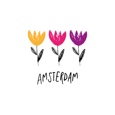 One line cartoon flowers art, isolated decor elements. Funny nursery style. Doodle illustration. Amsterdam label or logoのイラスト素材