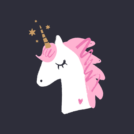 Lovely unicorn face, baby stylish illustration, unique print for posters, cards, clothes and stationery. Clipart, sticker. Little kawaii ponyのイラスト素材