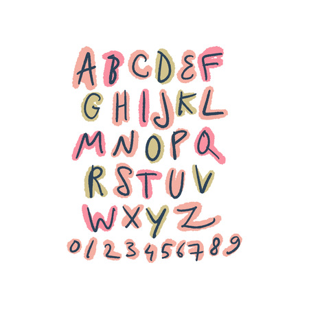 Hand drawn girly brush color font and numbers set. ABC, alphabet. Clipart, isolated letters and decor elementsのイラスト素材