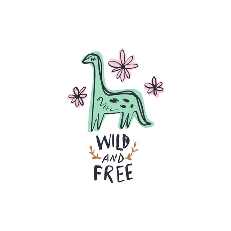 Wild and free text. Children's handwriting. Funny doodle cute girl diplodocus dinosaur. Baby stylish art, nursery wallpaperのイラスト素材