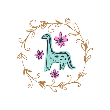 Funny doodle cute bany girl diplodocus dinosaur in the frame. Baby stylish art, nursery wallpaper. Good for posters, cards, clothes and stationeryのイラスト素材