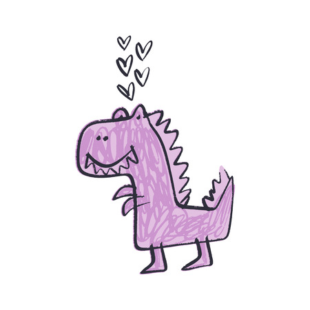 Children's handwriting. Funny doodle cute kind girl dinosaur in love. Baby stylish art, nursery wallpaperのイラスト素材