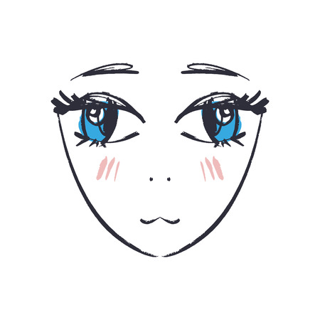 Anime or manga kawaii face hand drawn brush sketch. EPS illustration. Isolated elementのイラスト素材
