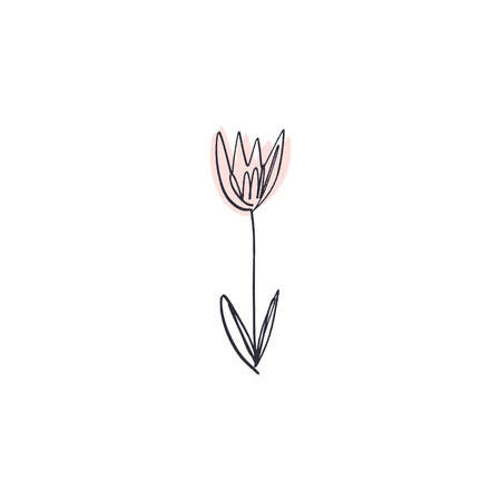 Minimalist contour tulip flower drawing. One line art with colorのイラスト素材