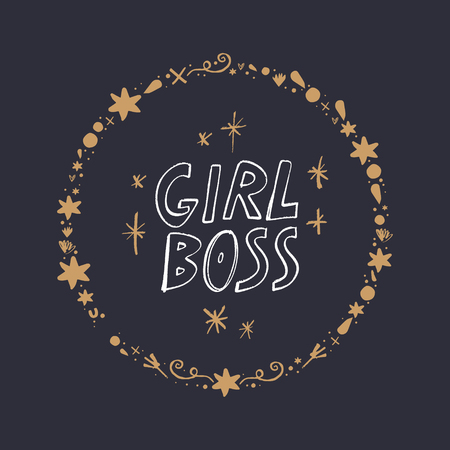 Girl boss. Golden frame, lettering text. Unique print for posters, cards, clothes and stationeryのイラスト素材