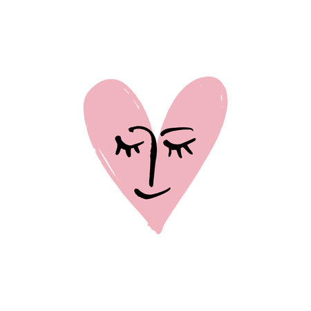 Valentine day postcard. Trendy line portrait art heart face shape. Color print for clothes, textile and otherのイラスト素材