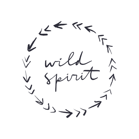 Wild spirit lettering inscription in the boho tribal frame. Poster and banner element, postcard, gift card, print for t-shirt and more, sticker, label and other. Isolated on whiteのイラスト素材