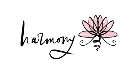 Lotus lettering calligraphy, harmony and Universe symbol, sacred geometry. Ayurveda and balance logo or label. Tattoo design. Bohemian art for posters and textile. Isolated editable illustrationのイラスト素材