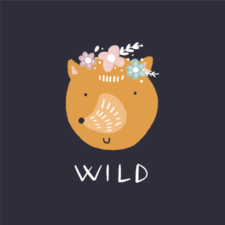Nursery clipart, editable details. Cute baby fox art, brush letters. Scandinavian style art, modern design. Decor elements for your projects and other. Icon for web and appsのイラスト素材