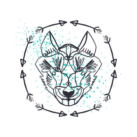 Patterned head of the wolf. Animal totem, boho style, flash tattoo design. Antistress art. Good for t-shirt design, bag, phone case, room poster and postcardのイラスト素材