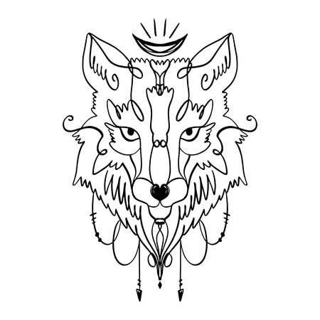 Patterned head of the wolf mask, animal face on white background. Antistress coloring picture. African or indian totem, boho style, flash tattoo design. Antistress art. Good for t-shirt design, bag, phone case, room poster and postcardのイラスト素材