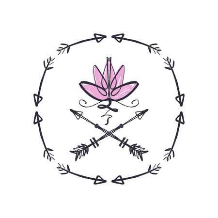 Lotus flower line art, harmony and Universe symbol, sacred geometry. Ayurveda and balance theme. Flash tattoo design. Antistress picture. Isolated editable illustrationのイラスト素材