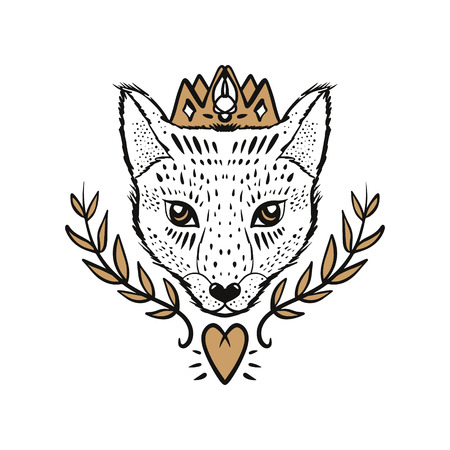 Beautiful girl fox princess face, boho hippie illustration. Portrait with floral ornament. Northen style, sticker. Antistress artのイラスト素材