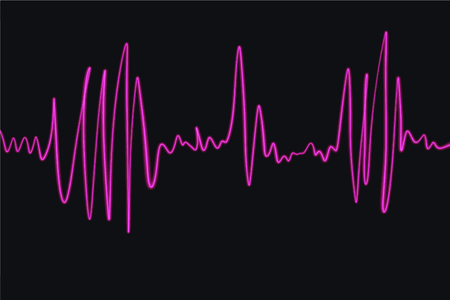 Neon glowing sound wave vibration line, isolated on dark background. Light painting. Music clipart