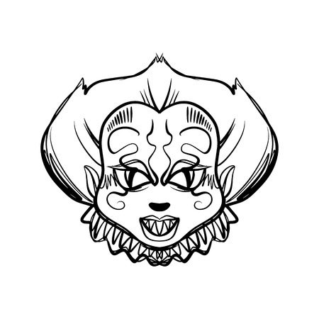 Evil horrible clown art. Halloween mask illustration. Clipart, editable details. Unique print for posters, cards, mugs, clothes and other. Coloring pageのイラスト素材
