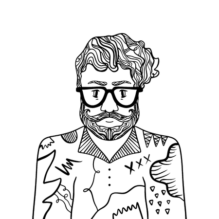 Portrait of handsome stylish casual man hipster with beard and glasses. Sketch doodle style illustration. Coloring page element. Vector EPS clipartのイラスト素材
