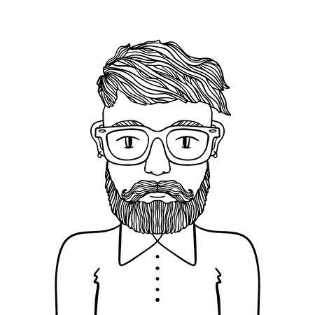 Portrait of handsome stylish casual man hipster with beard and glasses. Sketch doodle style illustration. Coloring page element. Vector EPS clipartのイラスト素材