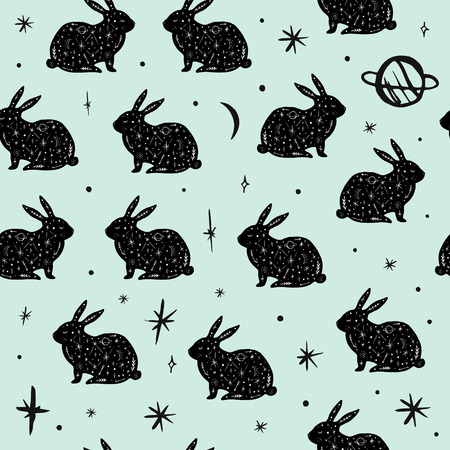 Vector pattern with rabbits, moon and stars, space constellations. Beautiful wall texture with wild repeated contour animals. Ornament, cloth print. Fairytale fantasy illustrationのイラスト素材