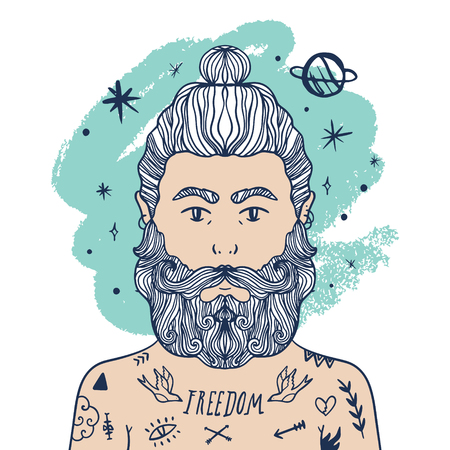 Astronaut, spaceman. Portrait of handsome stylish tattooed casual dandy man, hipster with beard. Space, galaxy and planets. Creative mind. Sketch doodle style. Vector EPS clipartのイラスト素材