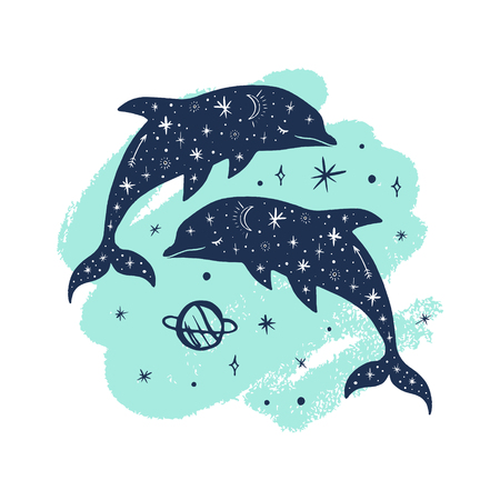 Vector patterned night dolphins, moon and stars, space constellations. Beautiful onamental animal print, Northern Lights. Fairytale fantasy illustrationのイラスト素材