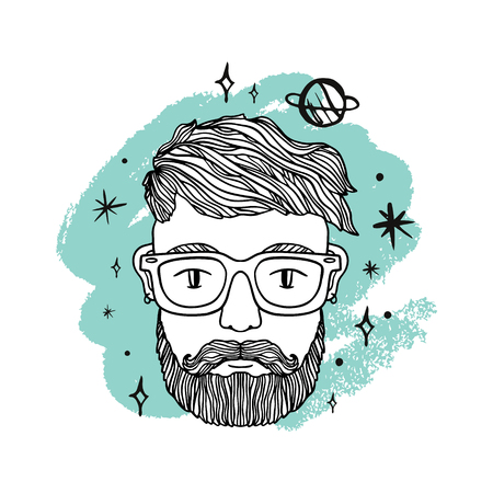 Portrait of handsome stylish man, hipster with beard. Space, galaxy and planets. Creative mind. Sketch doodle style illustration. Vector EPS clipartのイラスト素材