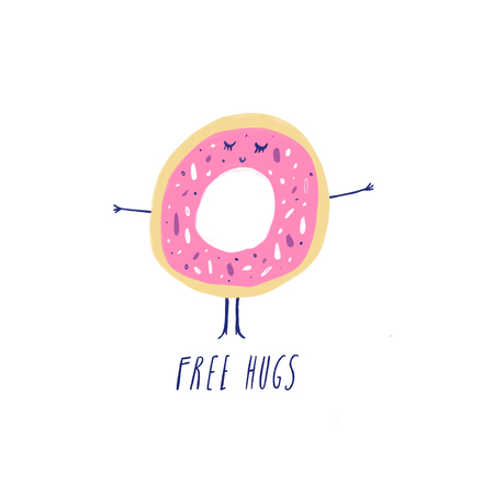 Vector greeting card with cute donut, good for Valentines day or Birthday. Free hugs textのイラスト素材