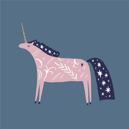 Hand drawn cute funny unicorn, nursery stylized temting contemporary art. Boho hipster drawing. Print for your designのイラスト素材