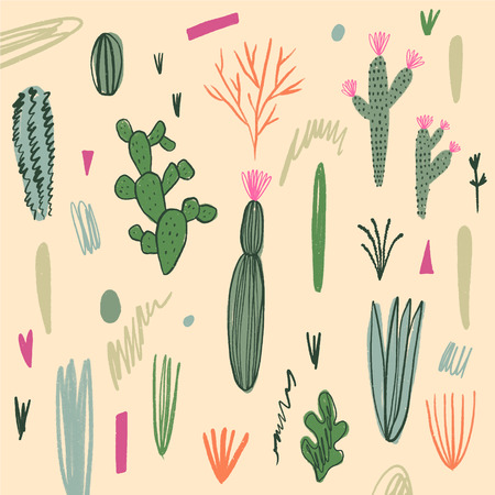 Floral different cacti painting. Hand drawn stylized temting contemporary art. Boho hipster drawingのイラスト素材