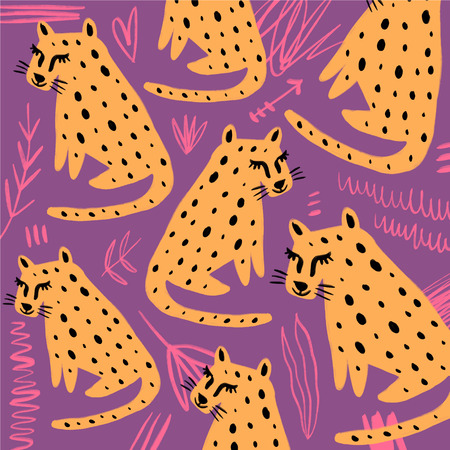 Hand drawn doodle leopards print, pattern. Stylized wild cats, temting contemporary art. Boho hipster drawingのイラスト素材