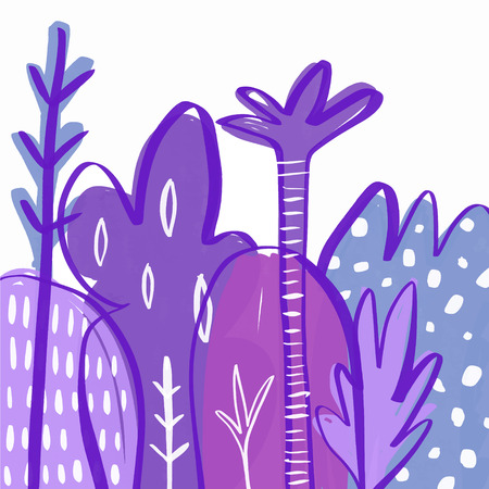 Hand drawn trees, jungle tropical banner. Stylized temting contemporary art. Boho hipster drawingのイラスト素材