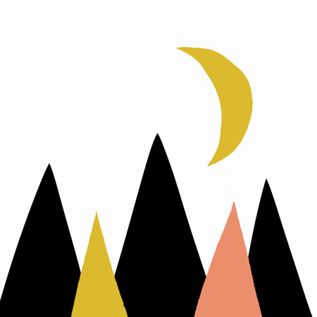Vector hand drawn modern stylish poster with pattern in scandinavian style, triangles landscape. Home apparel, brush strokes print, abstract shapes, trendy painting. Banner and placardのイラスト素材