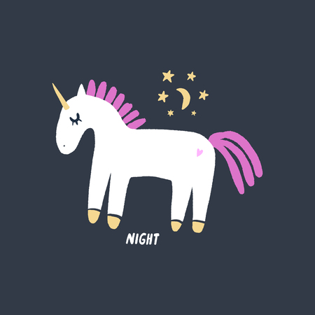 Little baby unicorn. Vector nursery lettering doodle poster and postcard in scandinavian style, trendy children illustration, cute animals artのイラスト素材