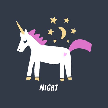 Little baby unicorn. Vector nursery lettering doodle poster and postcard in scandinavian style, trendy children illustration, cute animals artのイラスト素材