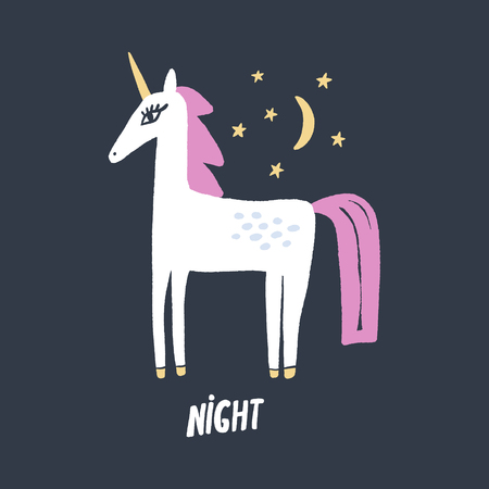 Vector nursery lettering doodle poster and postcard with unicorn in scandinavian style, trendy children illustration, cute animals artのイラスト素材