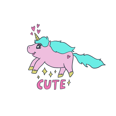 Vector nursery lettering doodle poster and postcard with unicorn in cartoon style, trendy children illustration, cute animals artのイラスト素材