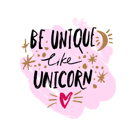 Vector nursery lettering doodle poster and postcard with unicorn text in scandinavian style, children illustration, cute animals artのイラスト素材